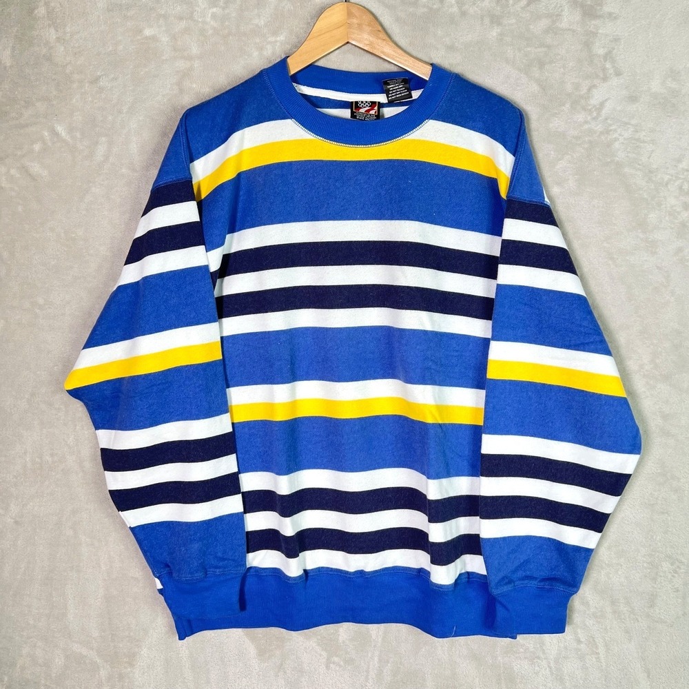 Vintage Team USA Olympics Sweatshirt Large Blue‎ Striped Crewneck Made USA 90s